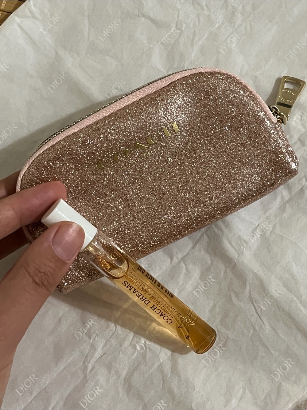 COACH Rose Gold Glitter Zip Cosmetic Pouch with Gold Logo - Picture 9 of 12